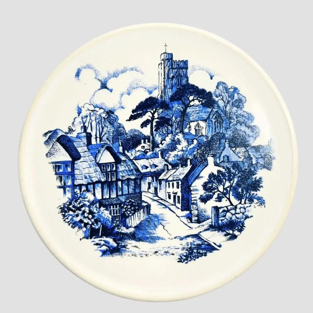 Vintage HR Johnson Tiles 3 Round Delft Blue White Village Scene England 3.5 Inch
